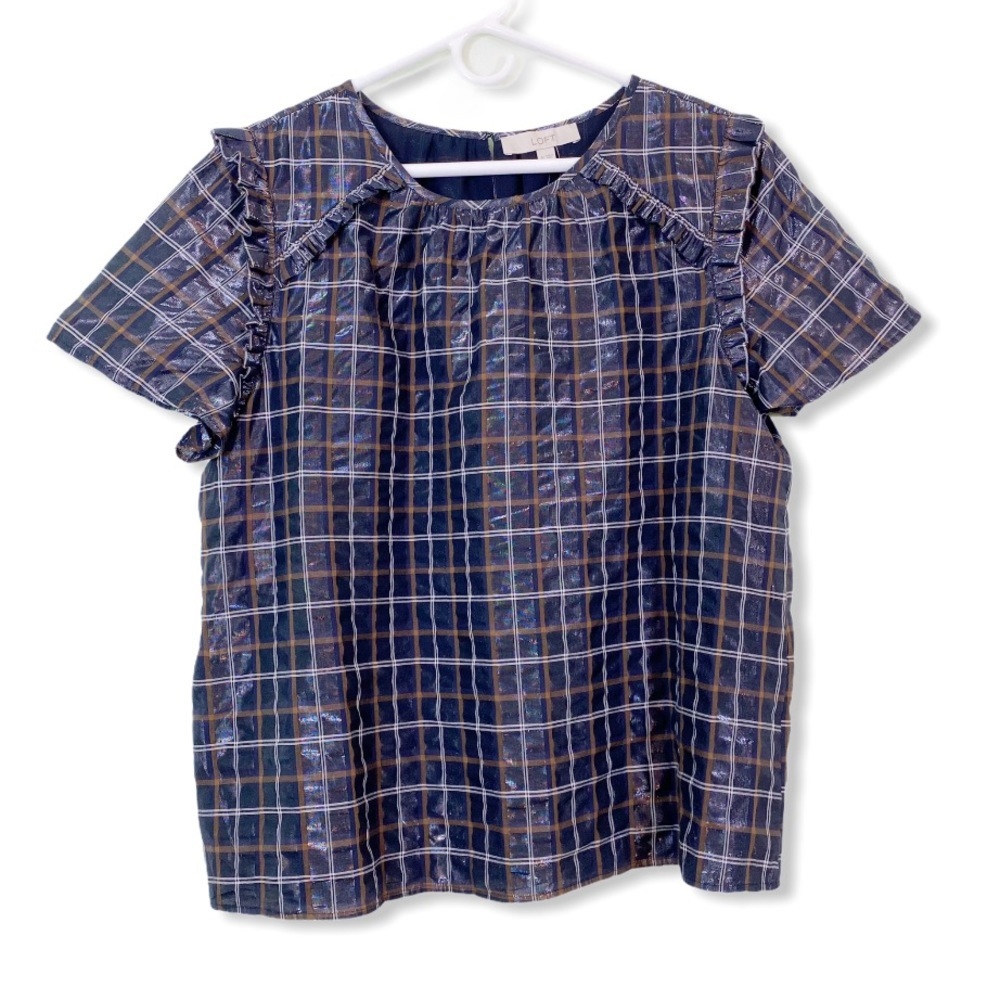 Loft plaid shimmer ruffle trim blouse size XL